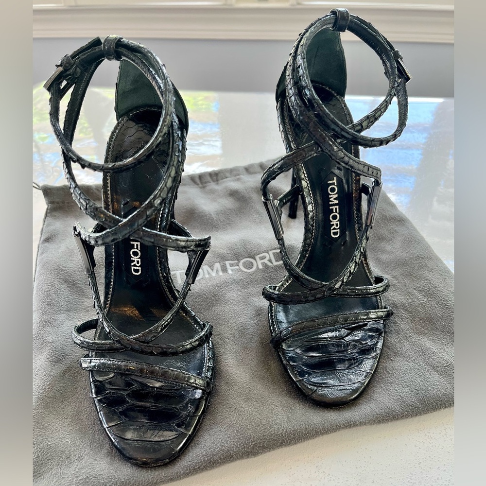 Tom Ford Snakeskin Crisscross 105mm Sandal, Gunmetal, size 37.5